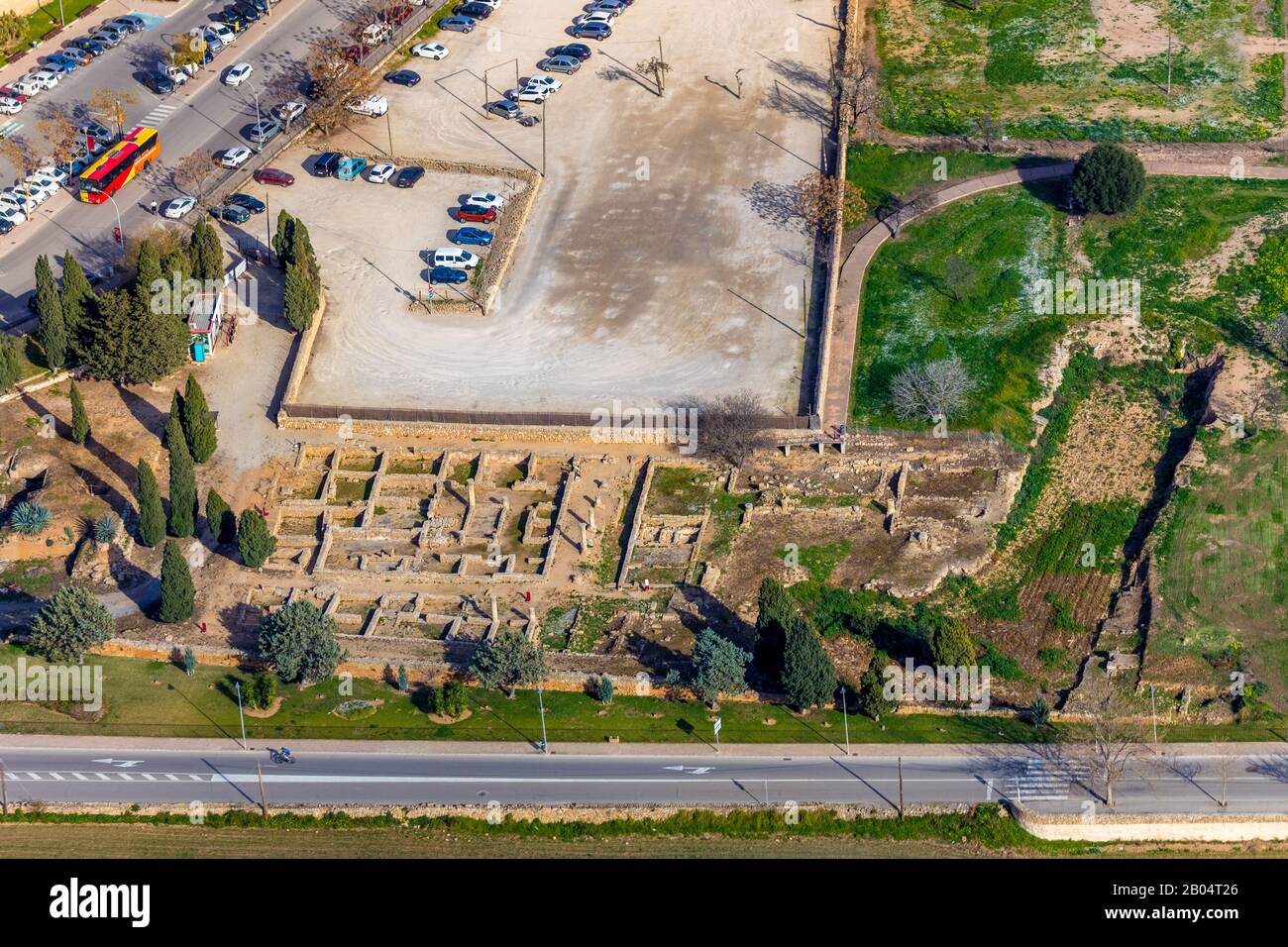 Foto aerea, isola, rovine romane Romane de Pollentia, scavi archeologici romani, Alcúdia, Mallorca, Isole Baleari, Spagna, Europa, scavi, Av. Foto Stock