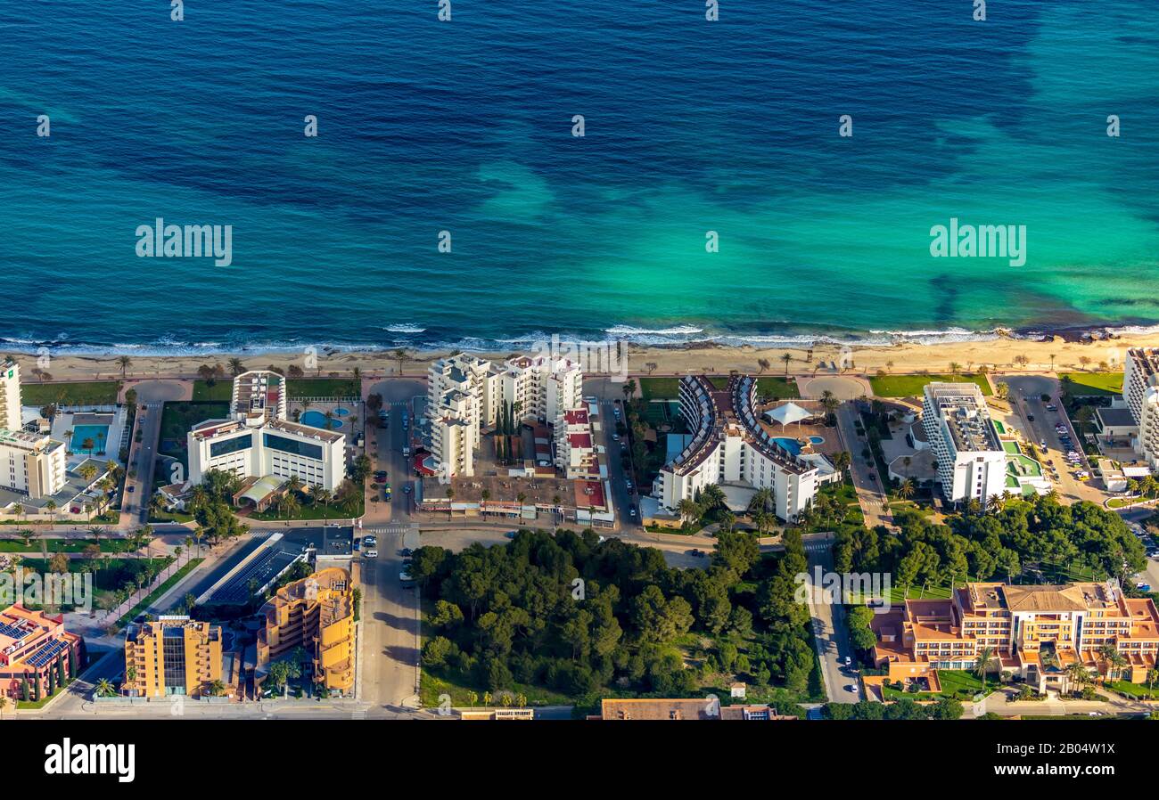 Vista aerea, isola, hotel sulla spiaggia Cala Millor, Son Moro, S, ant Llorenç des Cardassar, Mallorca, Isole Baleari, Spagna, Europa, ES, Foto Stock