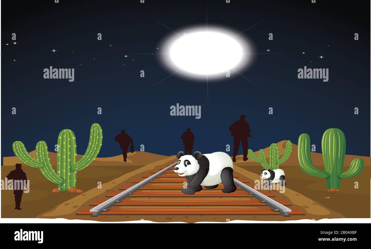 l'esercito sta attraversando il ponte ferroviario qui panda e il bambino sta giocando Illustrazione Vettoriale