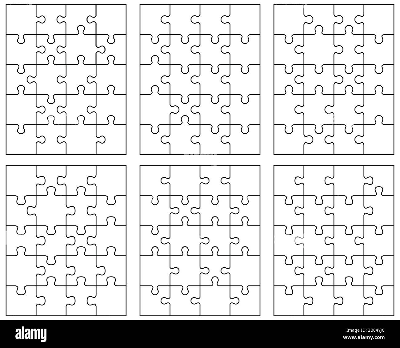 Illustrazione di sei diversi puzzle bianchi, pezzi separati Illustrazione di sei diversi puzzle bianchi, pezzi separati Foto Stock