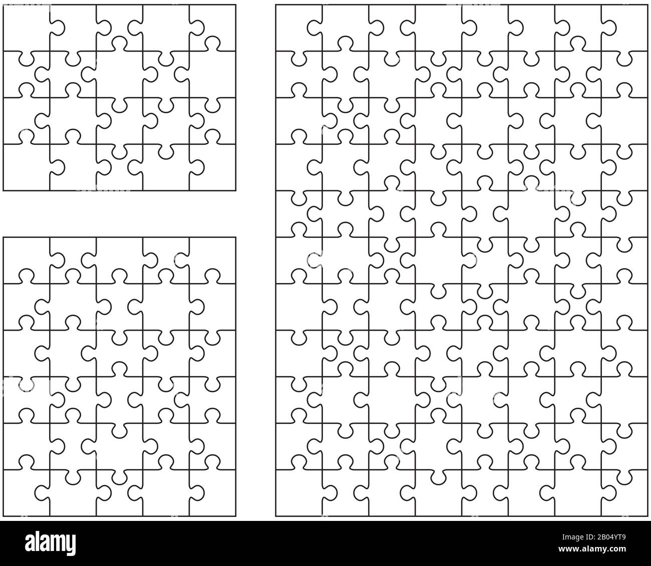 Illustrazione di tre diversi puzzle bianchi, pezzi separati Foto Stock