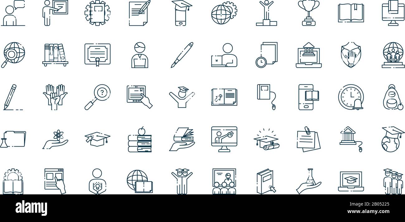 Linea stile icona Set design, scuola Eduaction classe universitaria lezione conoscenza preschooler studio apprendimento classe e tema primario illustrazione vettoriale Illustrazione Vettoriale