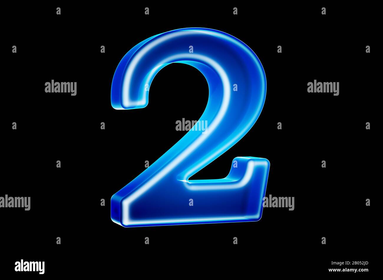Numero 2 con effetto ologramma, rendering 3D su sfondo nero Foto Stock