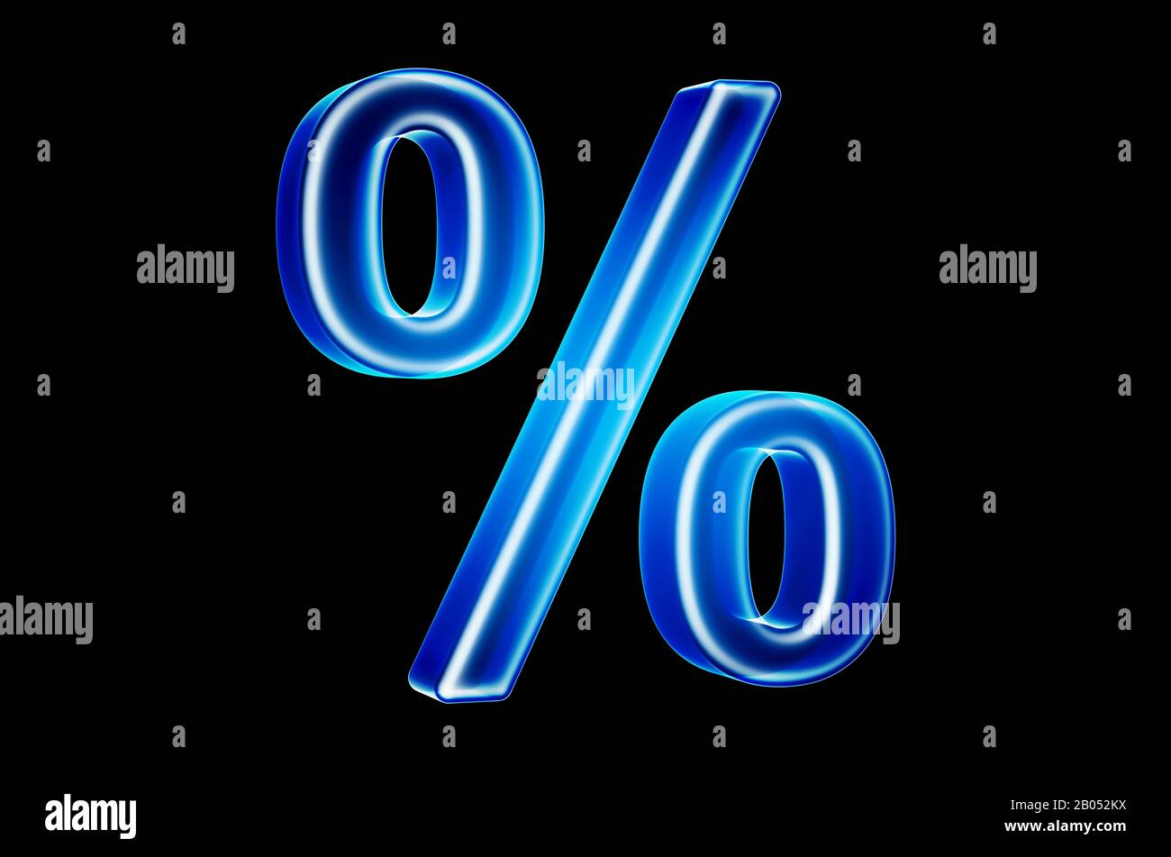 Simbolo percentuale con effetto ologramma, rendering 3D su sfondo nero Foto Stock