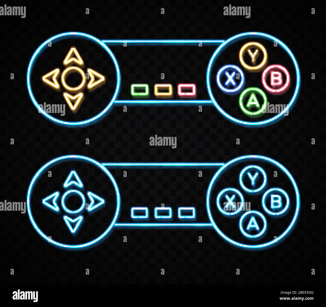Neon segno di gioco su sfondo trasparente scuro. Icona del cursore con freccia a colori. Stile di gioco al neon retro night 80s. Chiave centralina con croce di direzione o Illustrazione Vettoriale