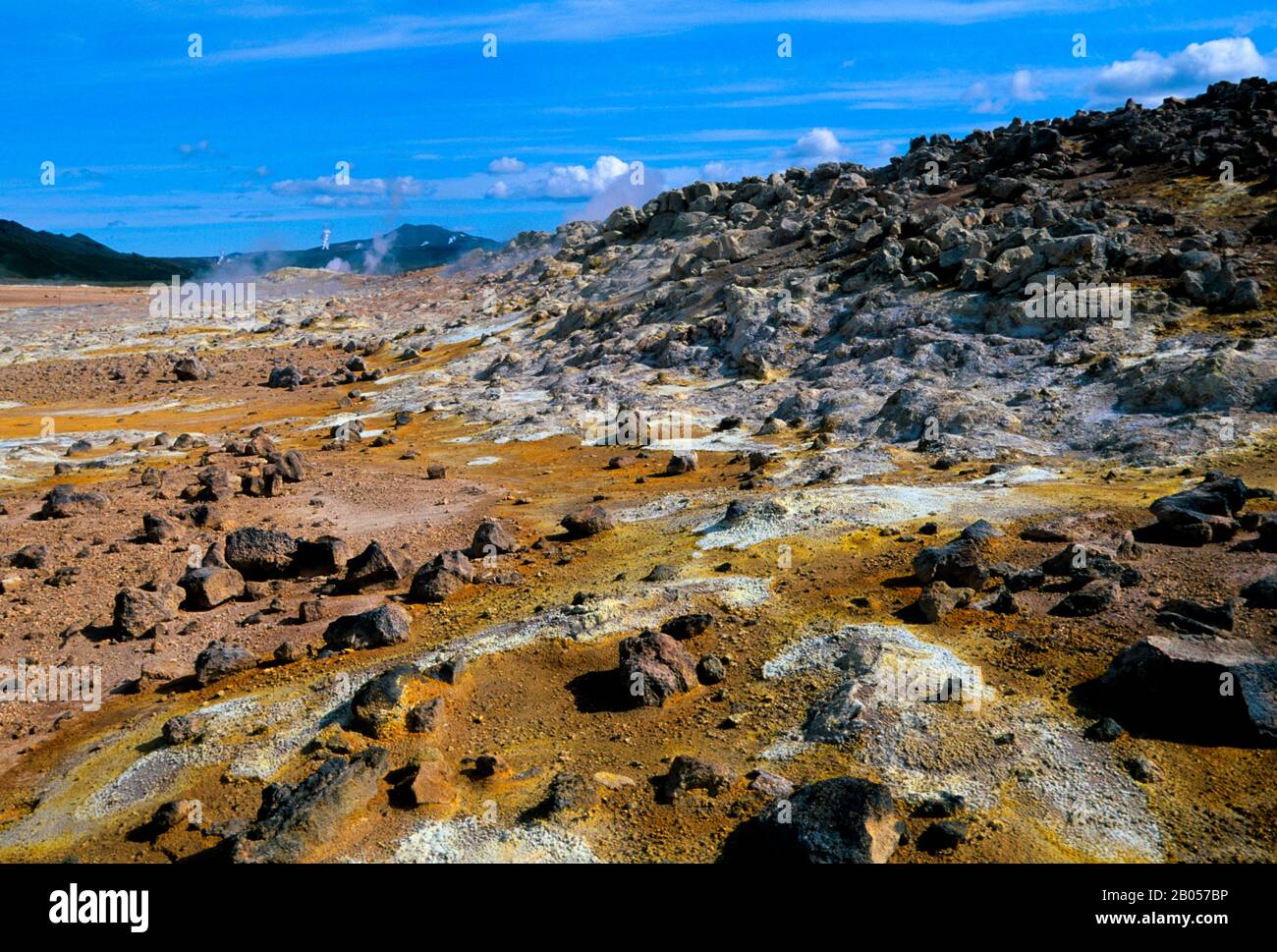 ISLANDA, AREA DEL LAGO MYVATN, AREA VULCANICA NAMASKARD, DEPOSITI DI ZOLFO Foto Stock
