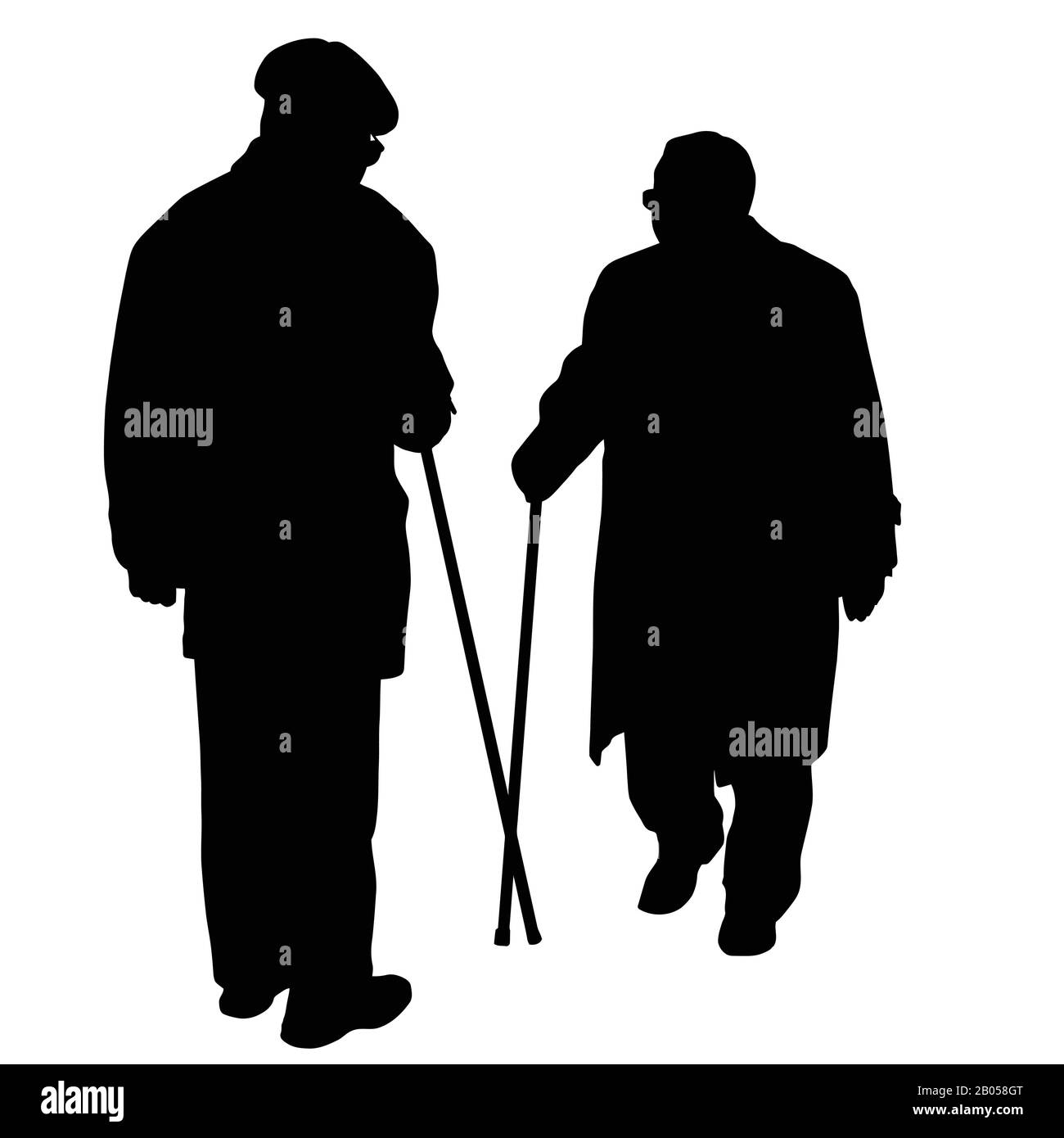 Due silhouette seniors con bastone su sfondo bianco, illustrazione vettoriale Illustrazione Vettoriale