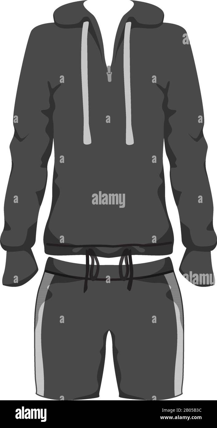 Modello Di Tuta Sport Outfit, Palestra Da Running Sportwear, Felpa Con Cappuccio E Pantaloncini Tracksuit Fitness. Short Unisex sport Abbigliamento Set per allenamento, corsa. Design isolato vettoriale su sfondo bianco. Illustrazione Vettoriale