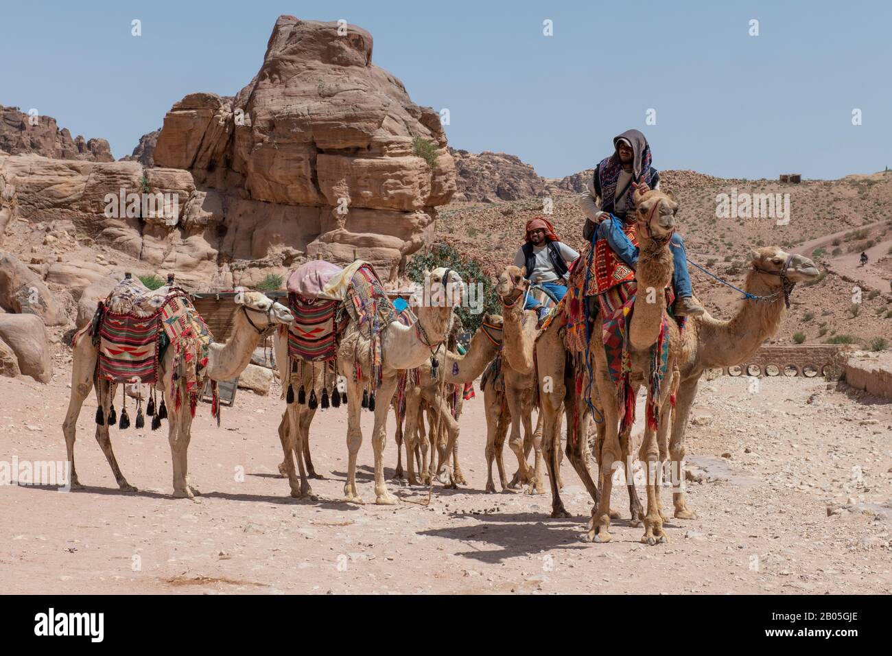 Giordania, Petra (UNESCO) Typial camel autisti. Foto Stock