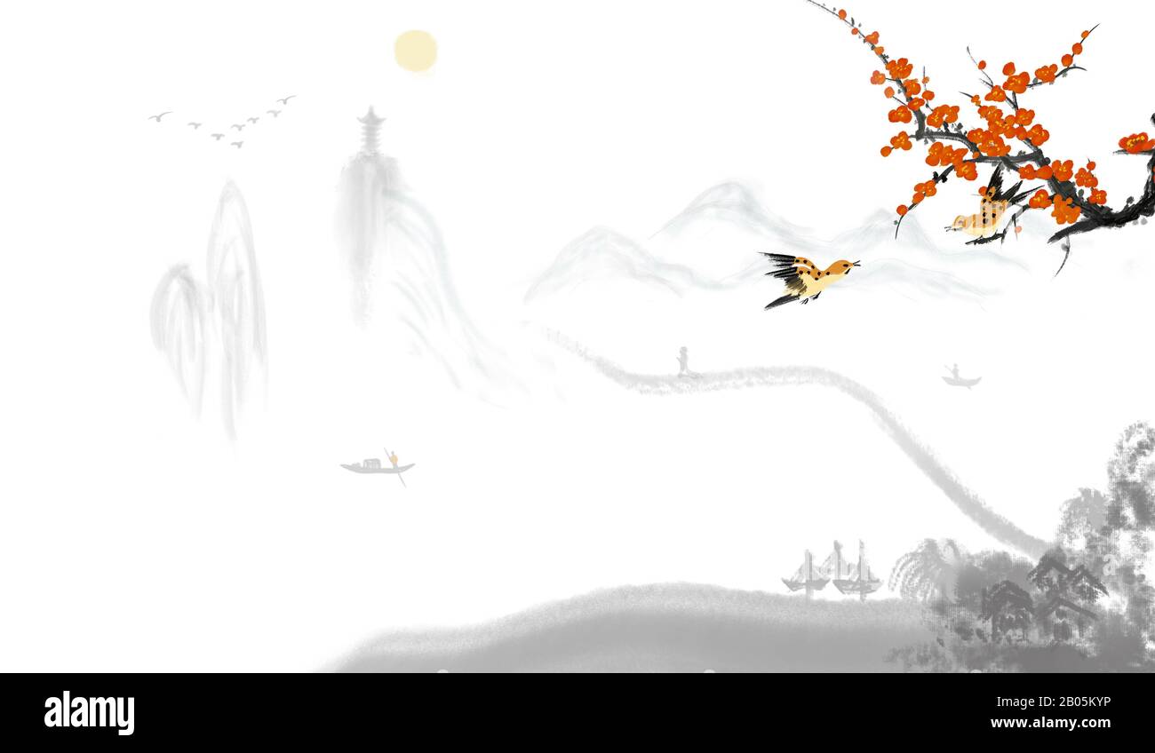 Pittura di inchiostro di paesaggio con stile cinese Foto Stock