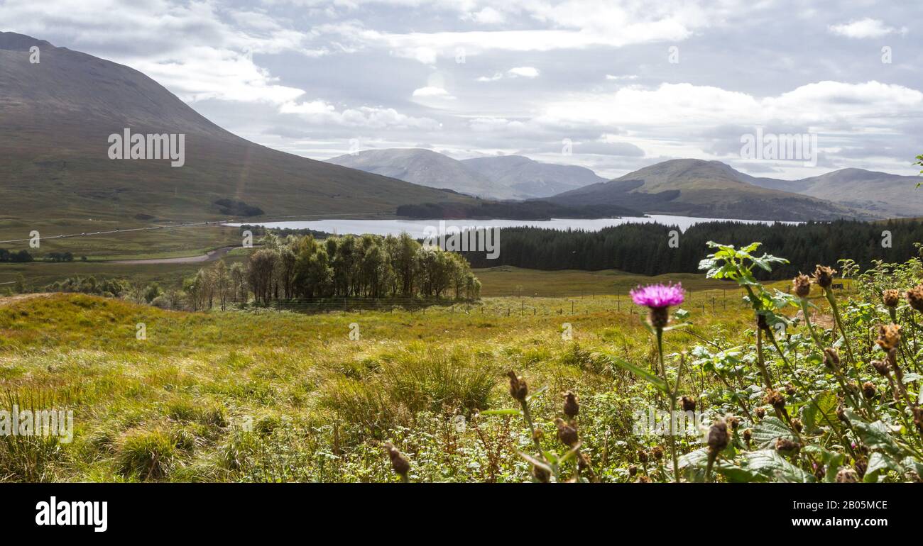 Bellissimo punto panoramico sull'autostrada A82 che si affaccia sul Loch Tulla e sul Black Mound Foto Stock