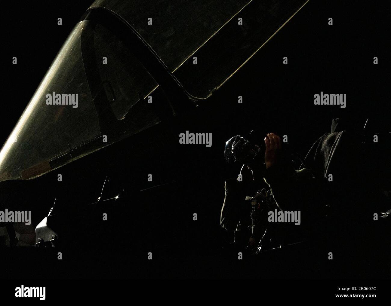 Un pilota di caccia F-35A Lightning II assegnato allo squadrone 421st Fighter alla base dell'aeronautica di Hill, Utah, mette sul suo casco durante la bandiera rossa 20-1 a Nellis AFB, Nevada, 13 febbraio 2020. Red Flag esercita la sfida Airmen, servizi sorelle e forze di coalizione in un esercizio di formazione multi-dominio. (STATI UNITI Foto dell'aeronautica di Airman 1st classe Bryan Guthrie) Foto Stock