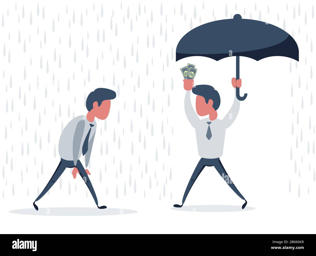 L'uomo d'affari va dalla pioggia mentre un altro uomo d'affari ha l'ombrello. Illustrazione Vettoriale