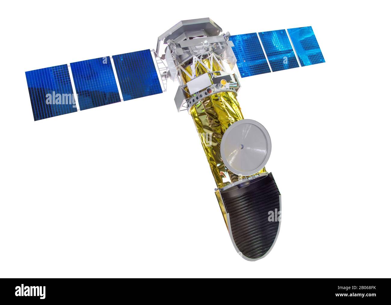 Ricerca satellite scientifico orbitale con pannelli solari, isolato su sfondo bianco Foto Stock