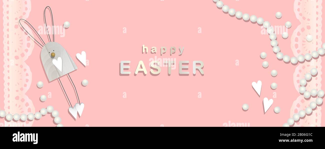 Banner pasquale moderno e alla moda. Poster orizzontale buona Pasqua. Coniglio o coniglietto. Delicati colori a pestello. Stile realistico. Illustrazione vettoriale. Foto Stock