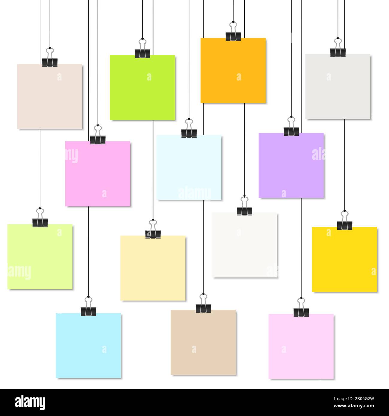 Svuotare carte colorate con graffe di legante appeso a spago nero Illustrazione Vettoriale