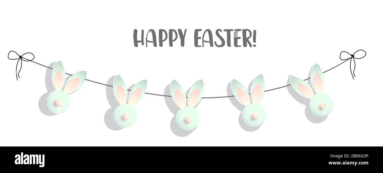Banner di Pasqua. Elegante design di sconti vacanza. Garland Di Conigli. Iscrizione. Macchie. Illustrazione. buona pasqua. Stile chic e retrò. Whi Foto Stock