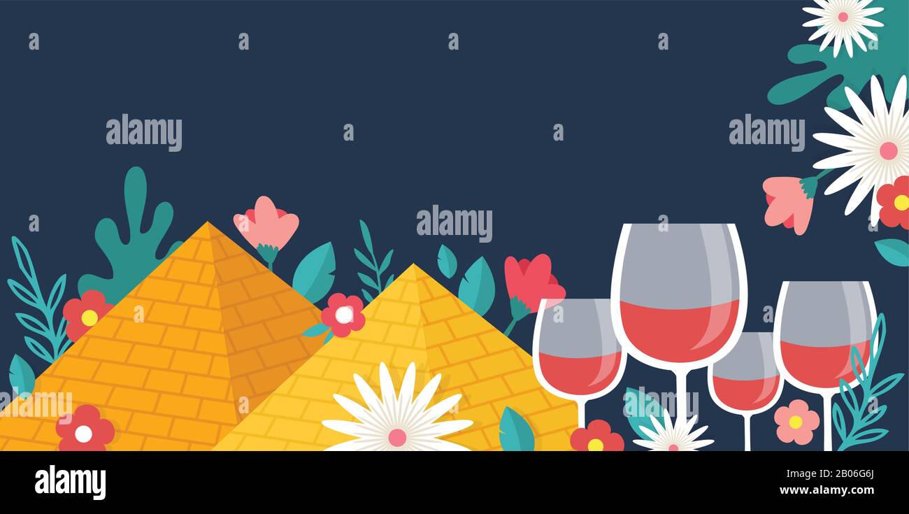 Pesah Celebration Concept, festa ebraica di Pasqua. Banner per le vacanze ebraiche con quattro bicchieri da vino tradizionali, piramidi d'Egitto e fiori primaverili Illustrazione Vettoriale