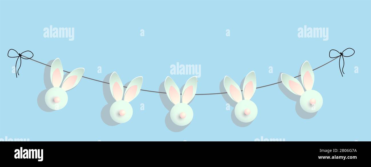 Sfondo di pasqua. Festosa composizione disegno vista dall'alto. coniglietti. Golden coriandoli, decorazione ghirlanda con conigli .. Felice Pasqua. Banner orizzontale, Foto Stock