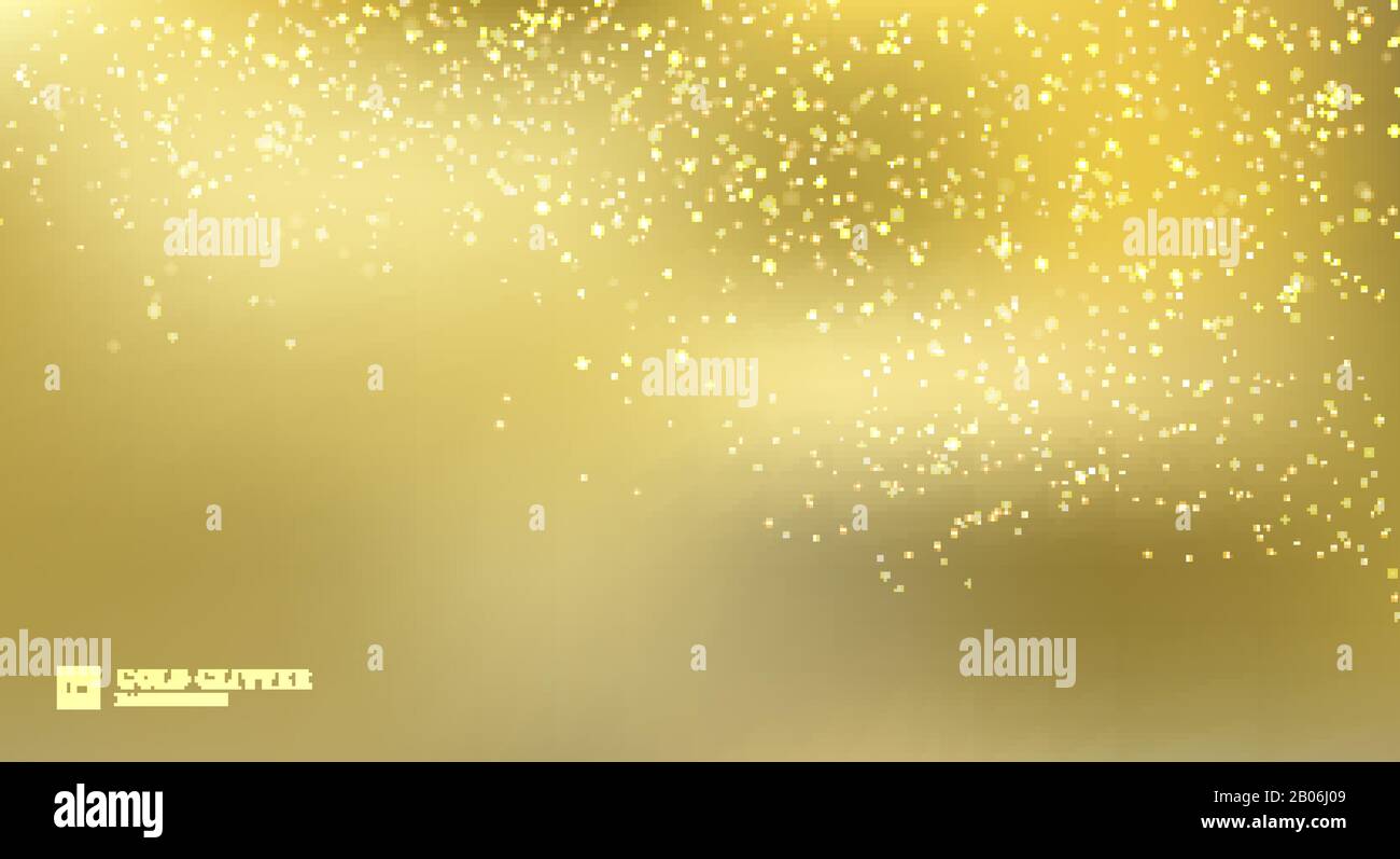 Luccicanti luci con glitter dorate su sfondo dorato sfocato. Carta da parati di lusso Magic sparkle particelle. Illustrazione del vettore Illustrazione Vettoriale