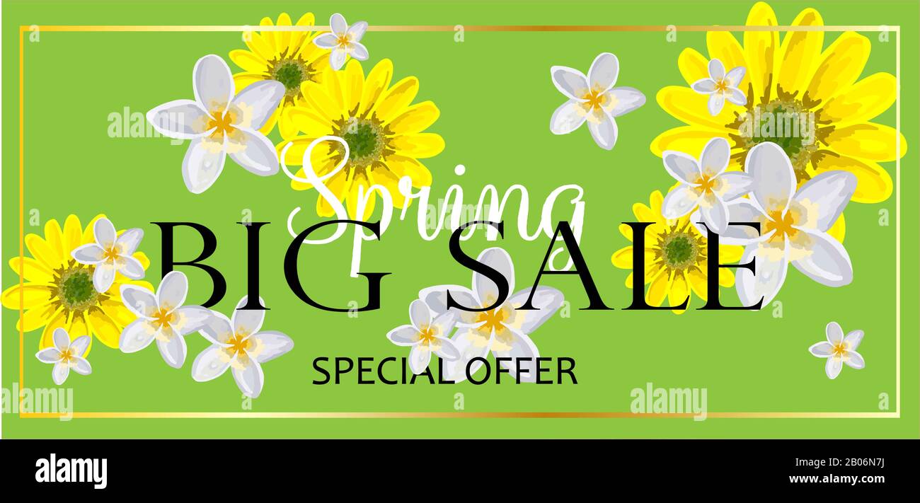 GRANDE VENDITA. Banner per sconti e promozioni pubblicitarie. Sconti di primavera. Design luminoso. Fiori su sfondo verde .. Foto Stock