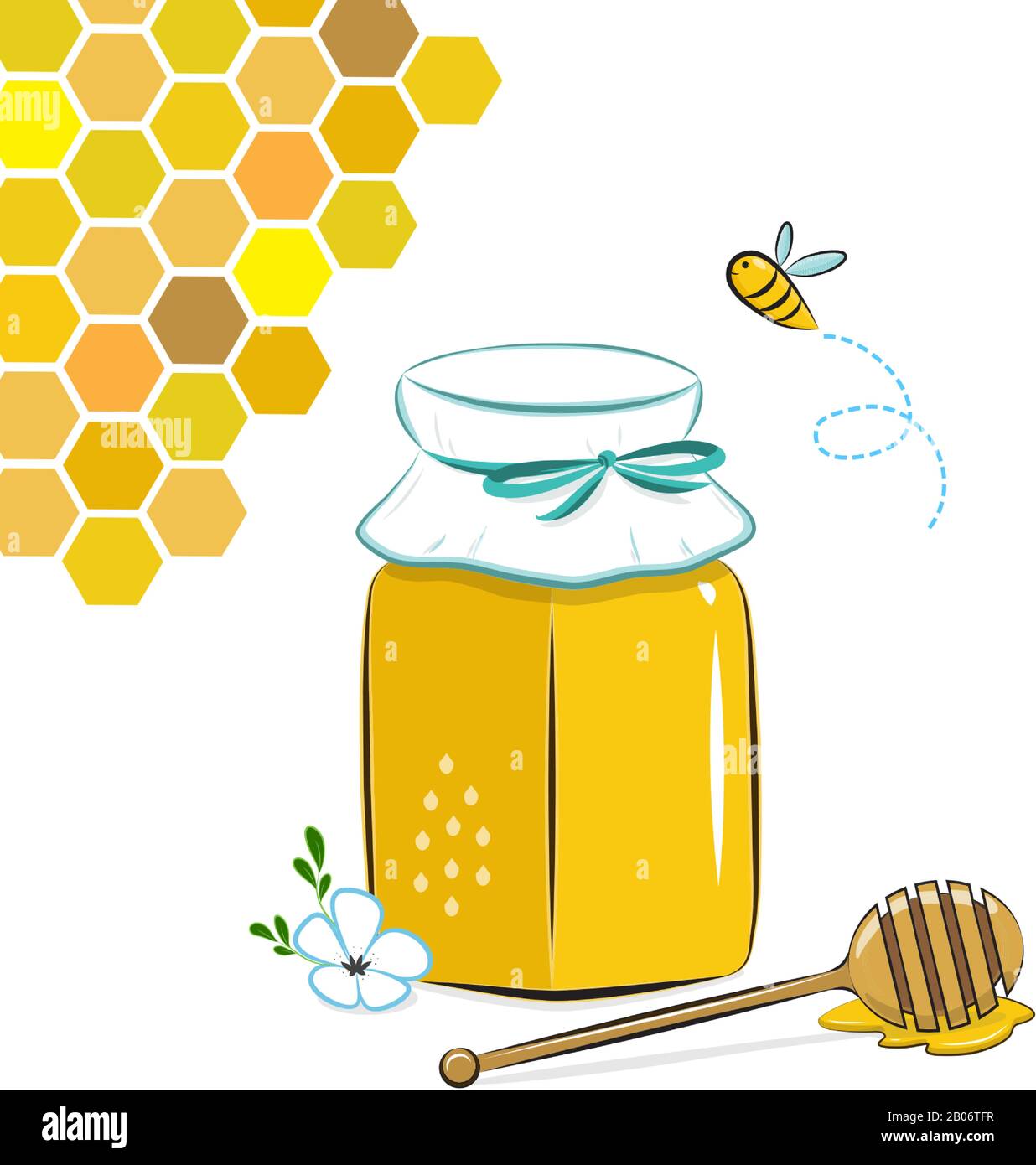 Vaso di miele, nido d'ape e ape. Miele in vaso con cucchiaia di miele. Illustrazione Vettoriale