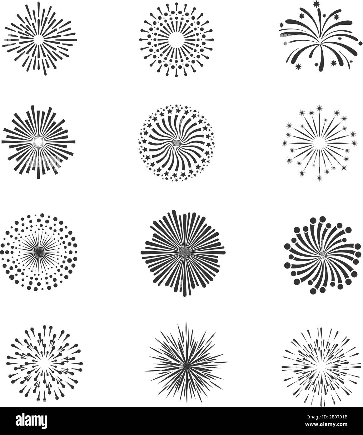 Fuochi d'artificio festive, collezione vettori di esplosione star. Fuochi d'artificio monocromatici per la festa illustrazione Illustrazione Vettoriale