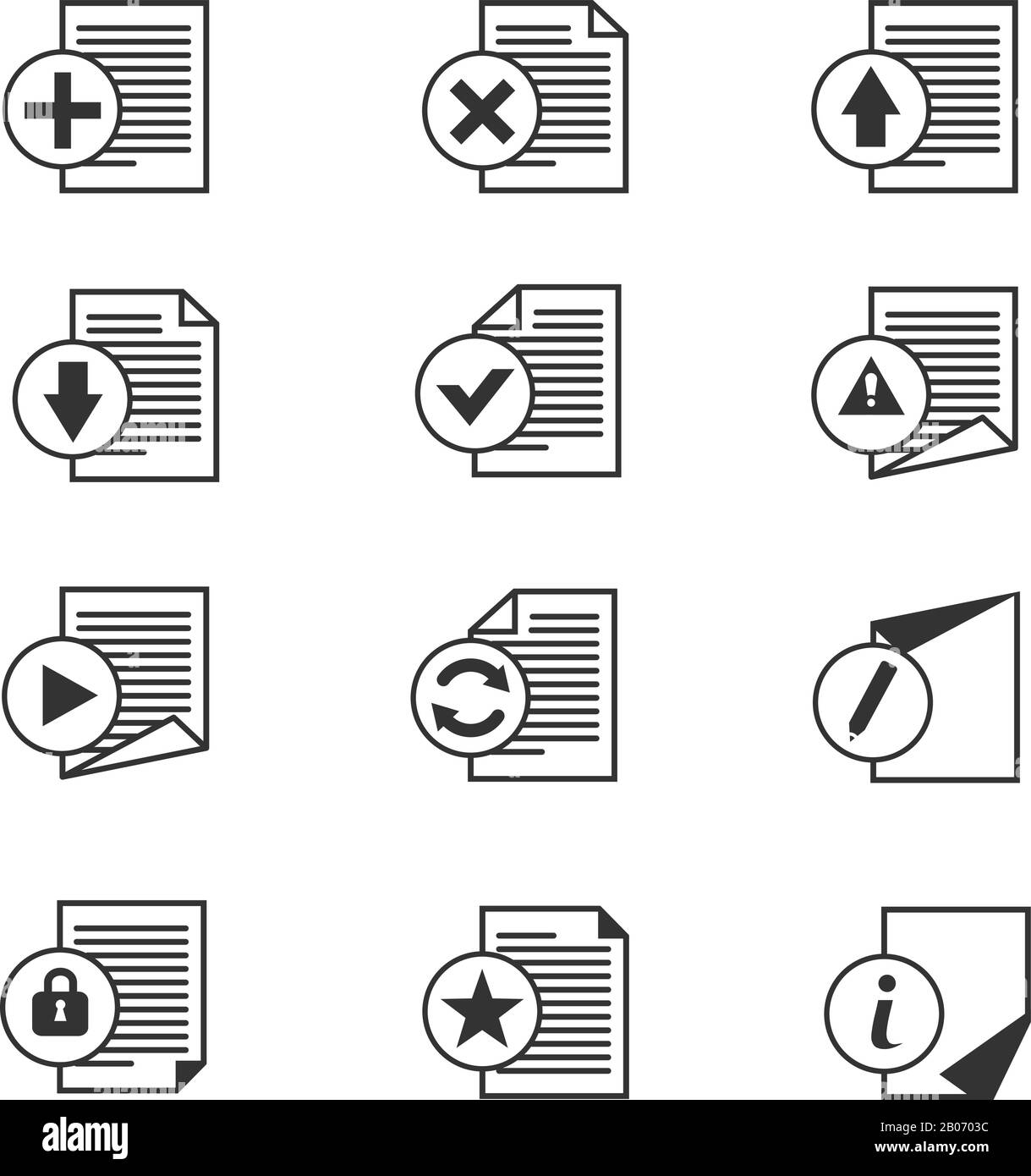 Set di icone vettore documento file. Firma Web per l'aggiornamento e il blocco, il caricamento e l'illustrazione dello storage Illustrazione Vettoriale