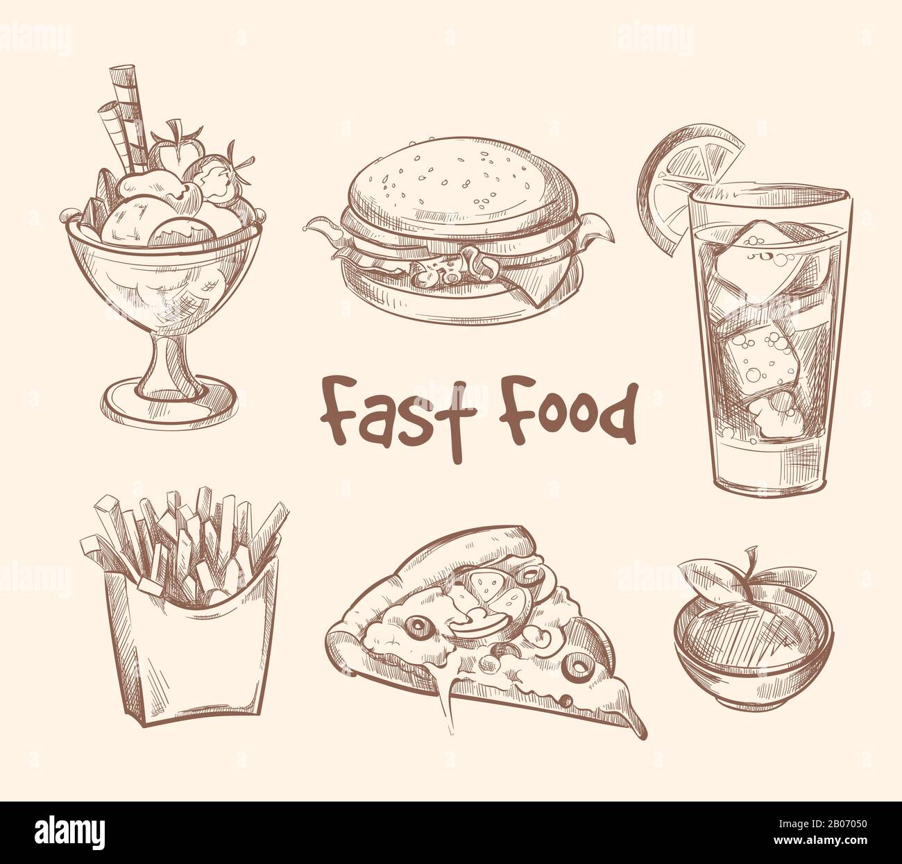 Vettore fast food impostato nello stile di schizzo disegnato a mano. Burger e hamburger, pizza e gelato illustrazione Illustrazione Vettoriale