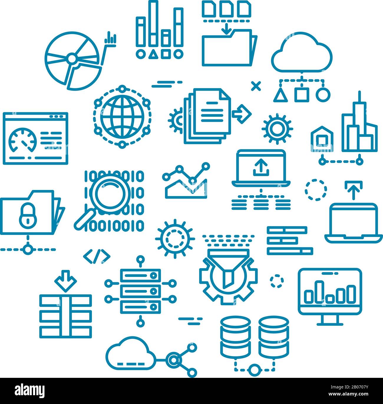 I big data delineano le icone vettoriali nel design circolare. Collegamento Web e trasferimento dei processi e illustrazione dei documenti di archiviazione Illustrazione Vettoriale