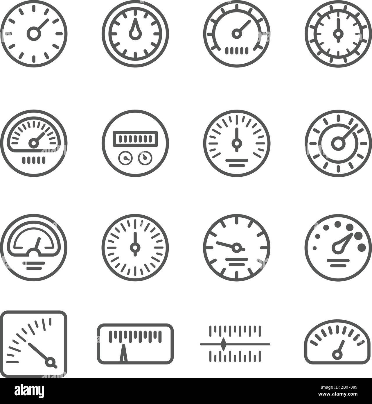 Manometri orologio velocità misura linea vettore icone. Indicazione della pressione dell'indicatore e del tachimetro Illustrazione Vettoriale