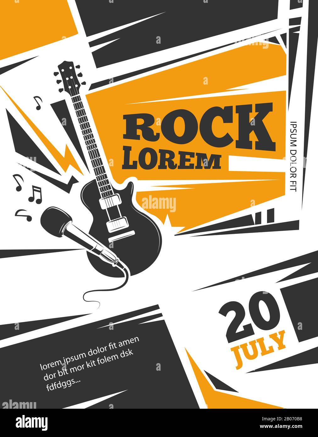 Modello di poster vettoriale per musica dal vivo. Concerto rock con chitarra, illustrazione d'epoca della placard musicale Illustrazione Vettoriale