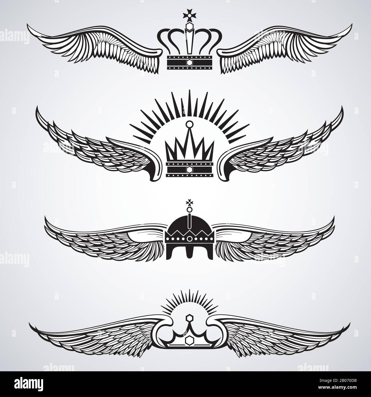 Ali con corone emblemi vettoriali. Set di illustrazione tatuaggio decorativo Illustrazione Vettoriale