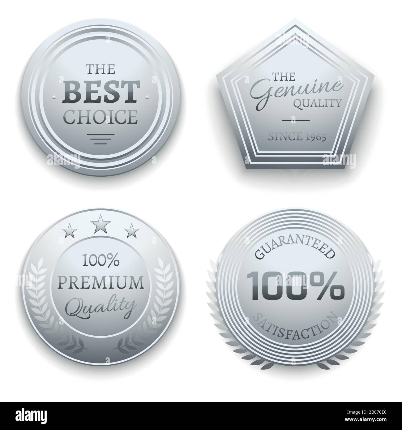 Adesivo vettoriale premium in metallo argento lucido, etichetta, etichetta, badge. Illustrazione del certificato di qualità e di garanzia Illustrazione Vettoriale