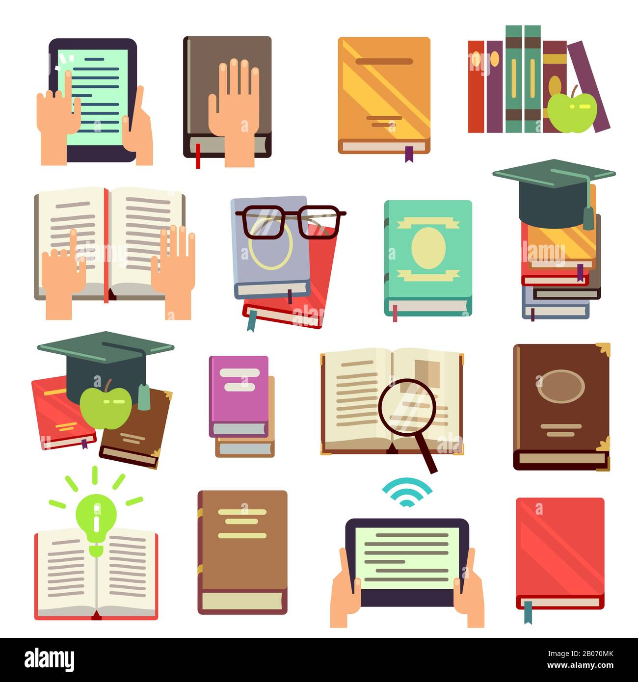 Libreria, libri che leggono icone vettoriali piatte. Letteratura per lo studio in scuola e in insegnamento universitario Illustrazione Vettoriale