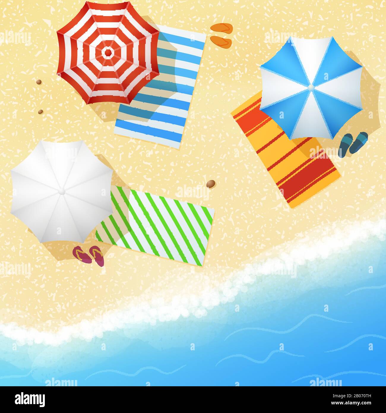 Vista aerea della spiaggia di sabbia con asciugamani e ombrelloni. Concetto di vacanza estiva in resort, illustrazione vettoriale Illustrazione Vettoriale