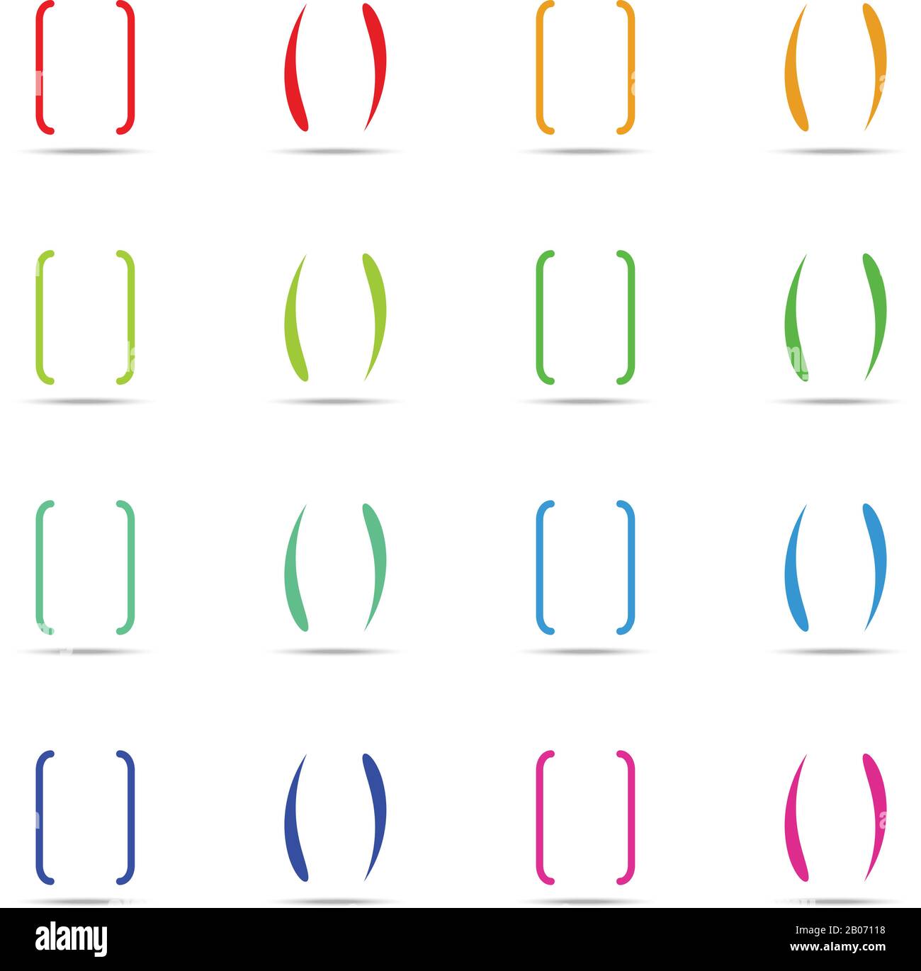 Colore parentesi graffe, set vettori bretelle. Parentesi multicolore per l'illustrazione del testo Illustrazione Vettoriale