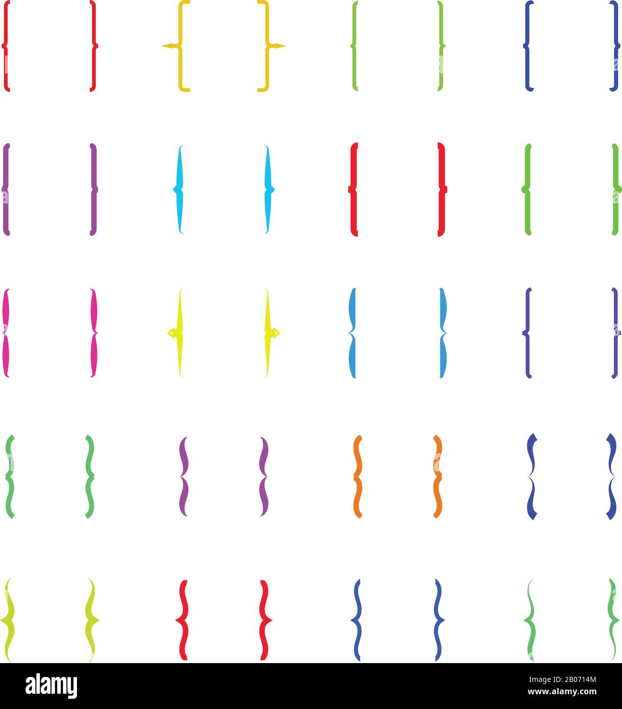 Parentesi graffe multicolore, icone vettoriali per parentesi graffe. Segno tipografico per illustrazione di testo isolata Illustrazione Vettoriale