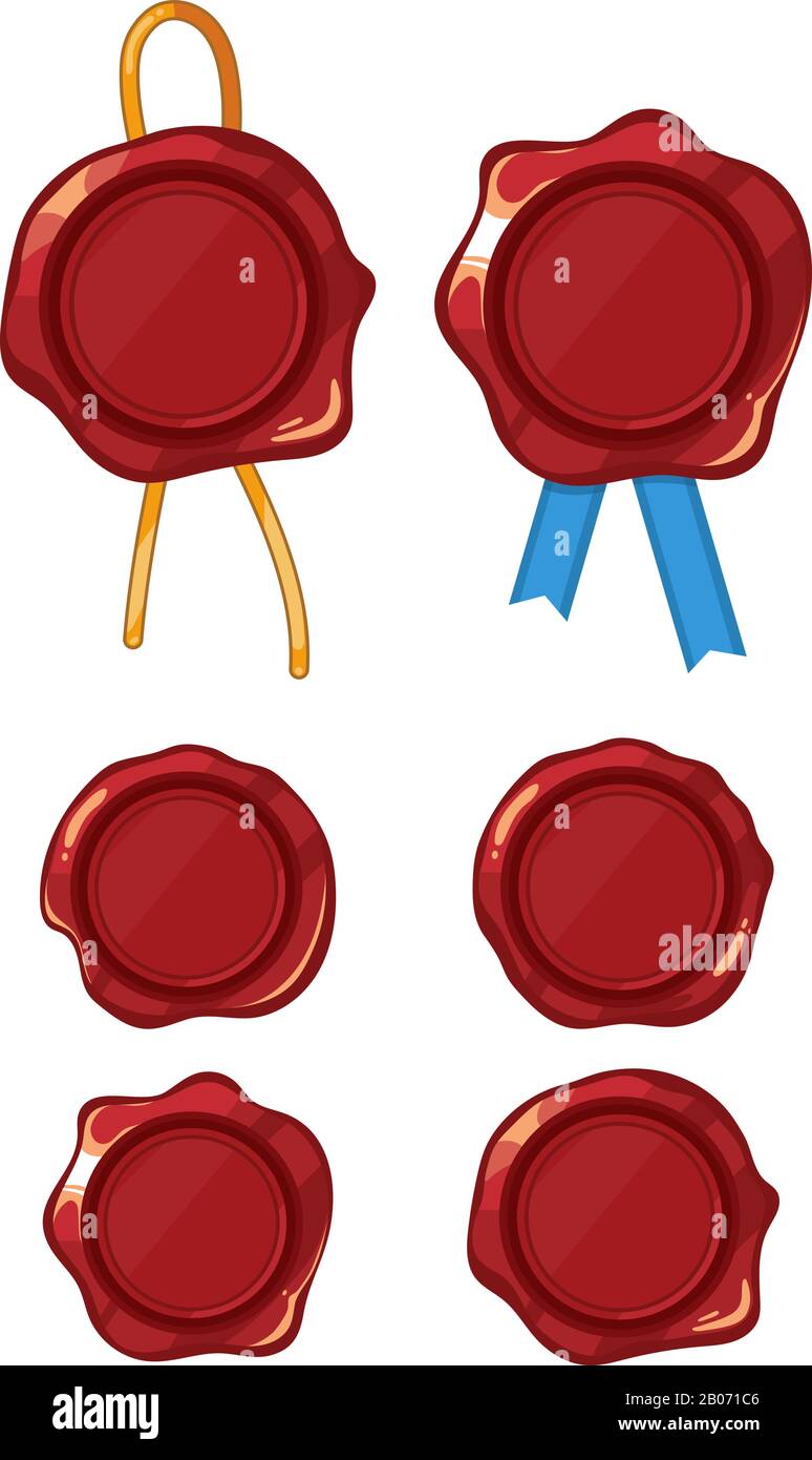 Set vettoriale cartoon vintage wax foche. Immagine del timbro per il messaggio in formato lettera Illustrazione Vettoriale