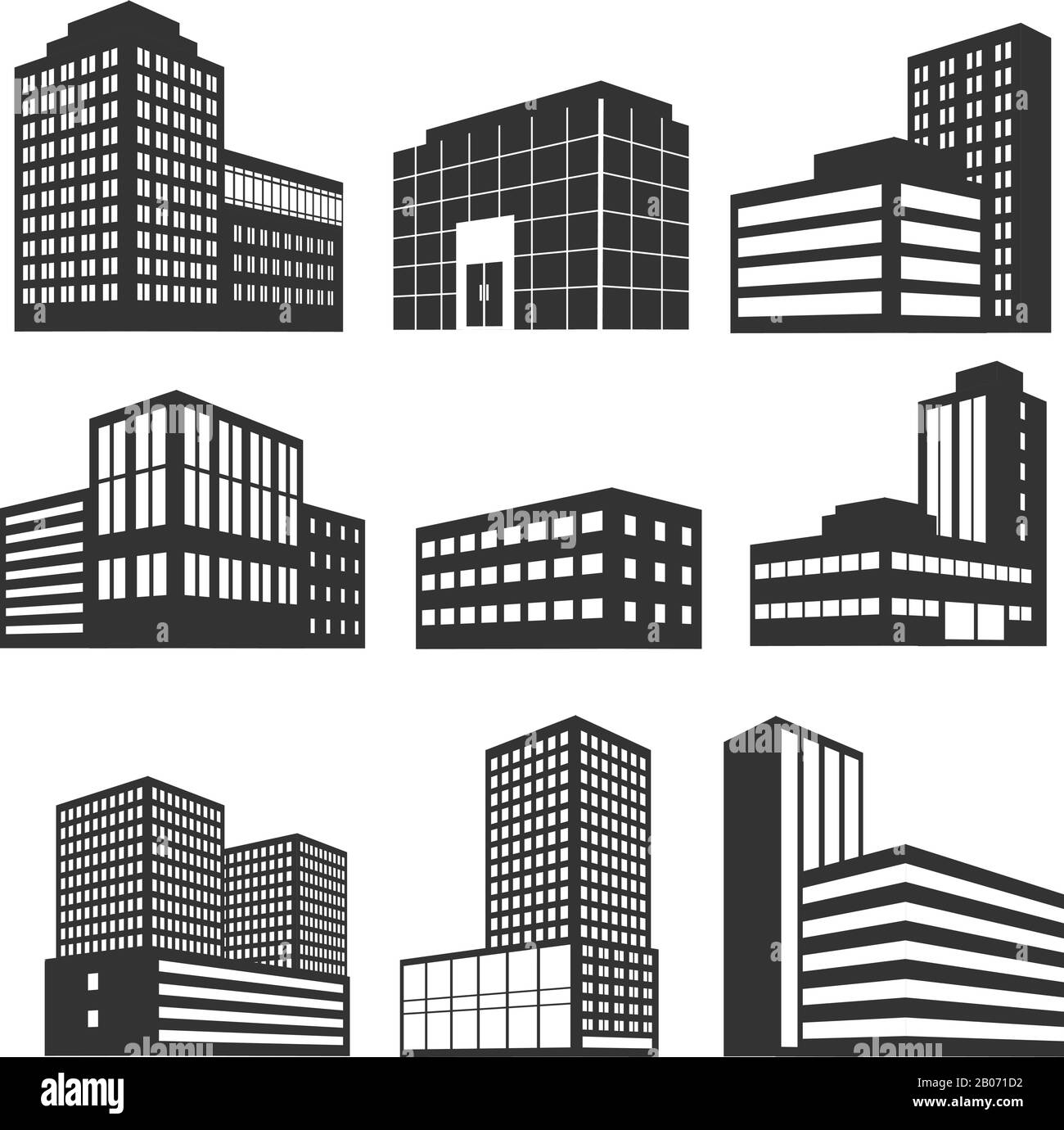 Moderni edifici commerciali icone vettoriali nere isolate su sfondo bianco. Set di grattacieli illustrazione ufficio urbano Illustrazione Vettoriale