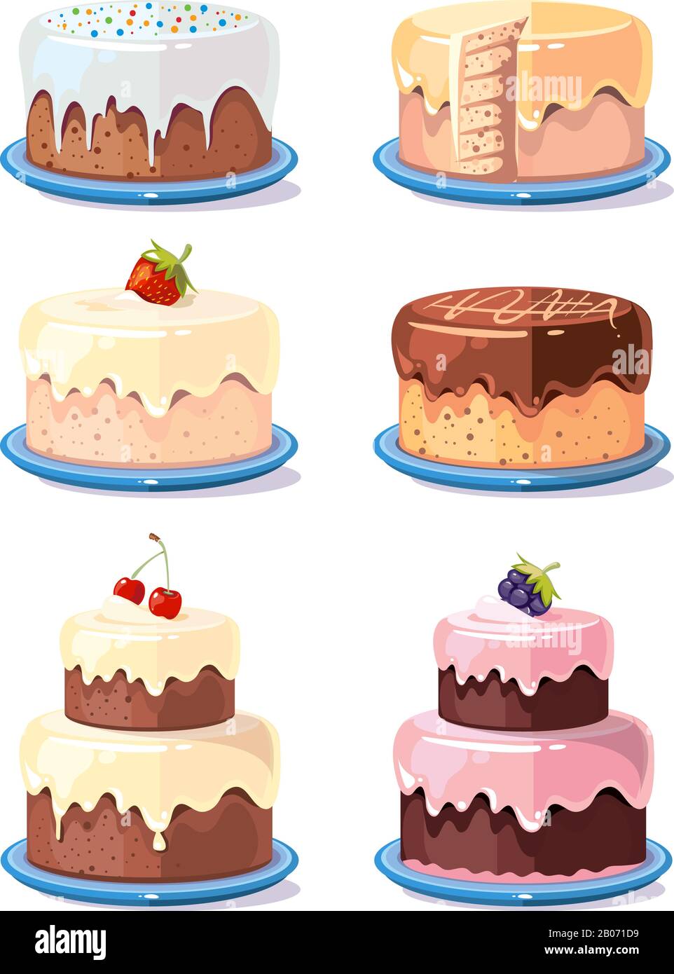 Torta alla crema torte gustose vettore set in stile cartone animato. Torta di compleanno con cioccolato e frutta illustrazione Illustrazione Vettoriale