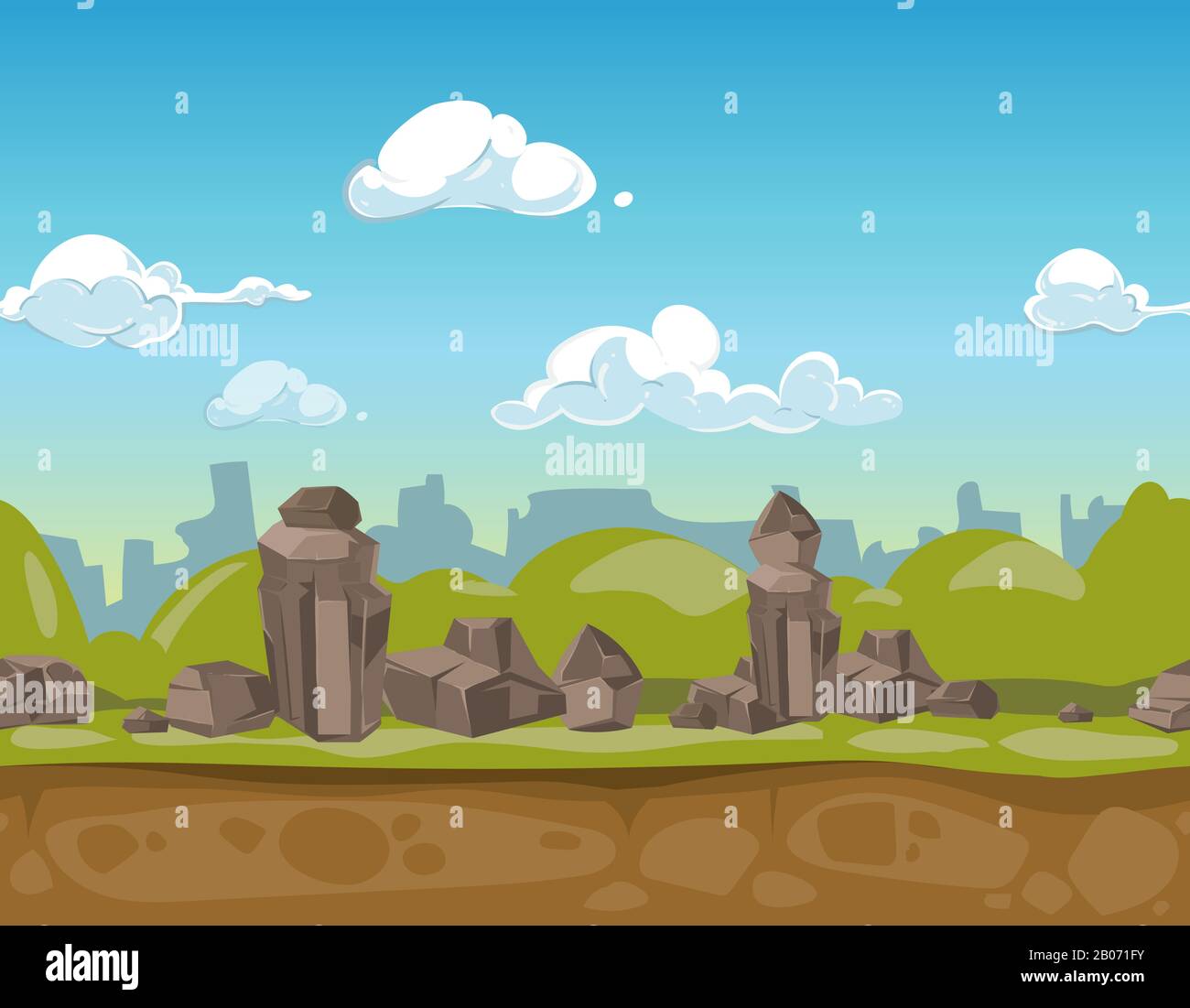 Parco dei cartoni animati senza soluzione di continuità paesaggio valle rocciosa per UI gioco. Illustrazione del vettore Illustrazione Vettoriale