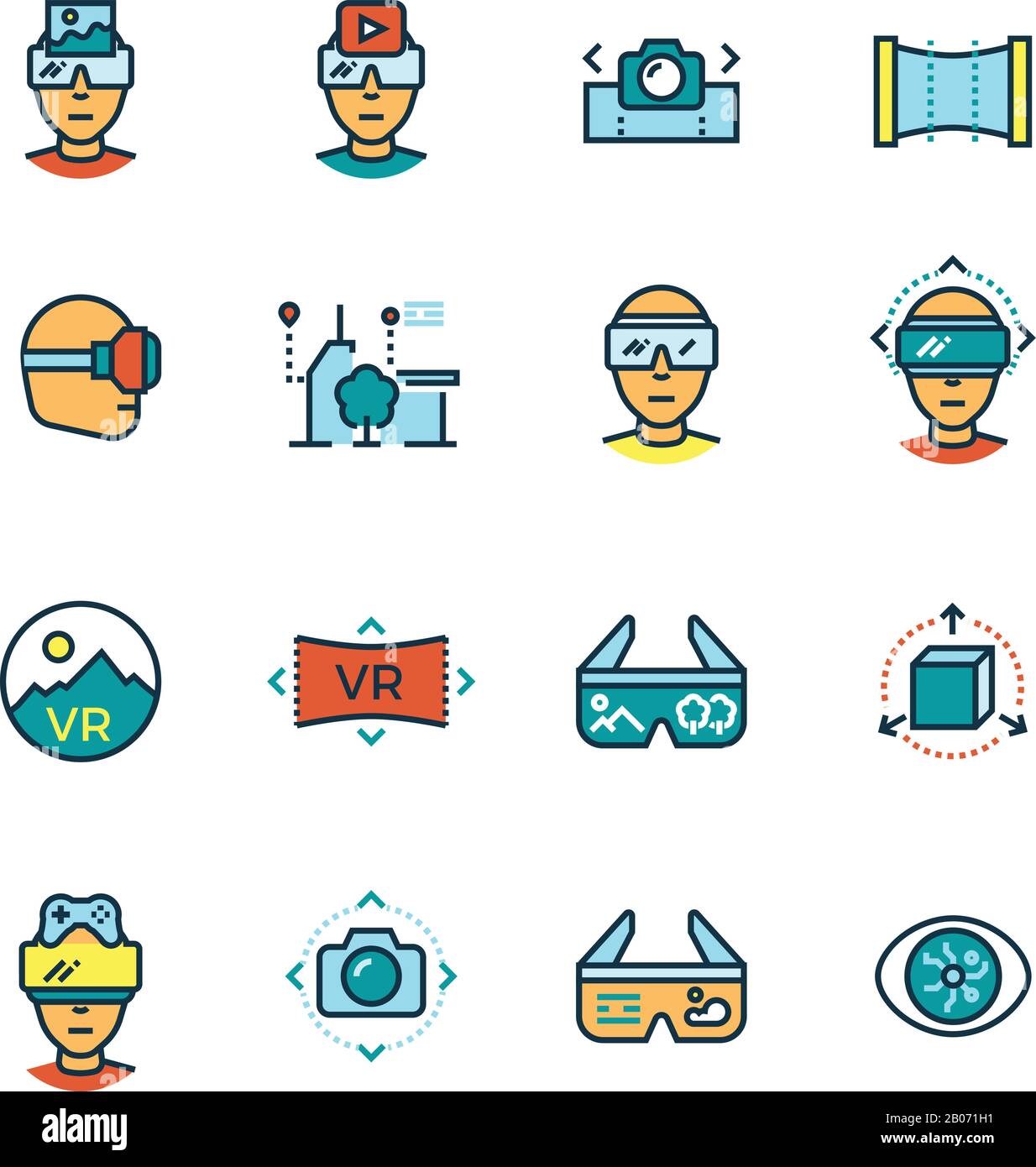 Realtà virtuale, computer virtuale, innovazione della comunicazione visiva tecnologie future icone a linea sottile con elementi piatti a colori. Illustrazione del vettore Illustrazione Vettoriale
