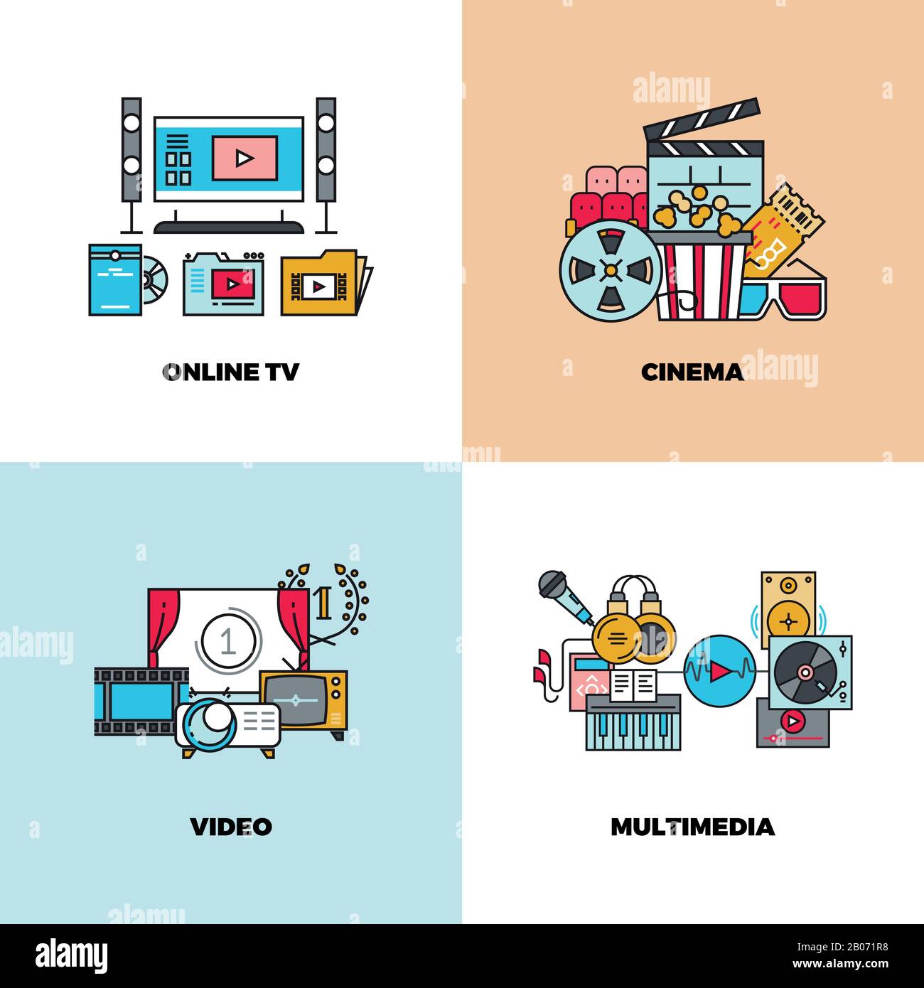 Intrattenimento, cinema, film, sfondi video vettoriali. illustrazione online di tv e multimedia Illustrazione Vettoriale