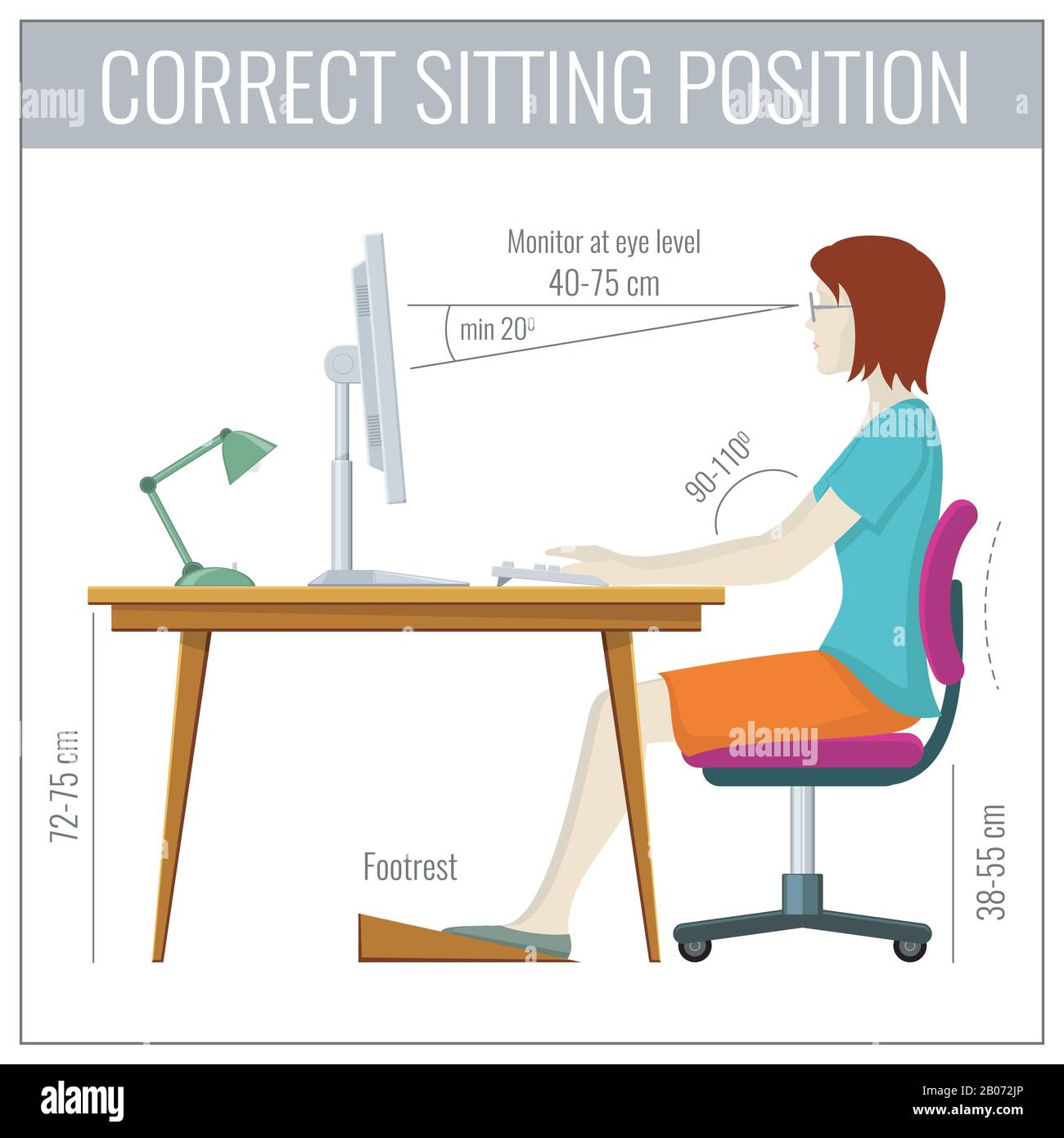 Correggere la postura seduta della colonna vertebrale al concetto di vettore di prevenzione della salute del computer. Posizione per l'illustrazione dello stato di salute posteriore Illustrazione Vettoriale