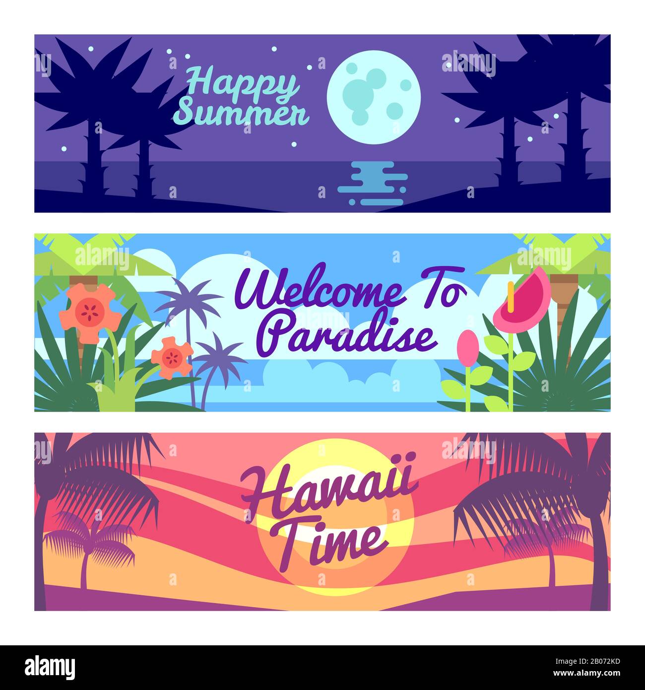 Felice estate viaggio tempo hawaii vettore pubblicità banner set con piante tropicali e fiori. Vacanza sull'oceano, vacanza sul paradiso del mare illustrazione Illustrazione Vettoriale