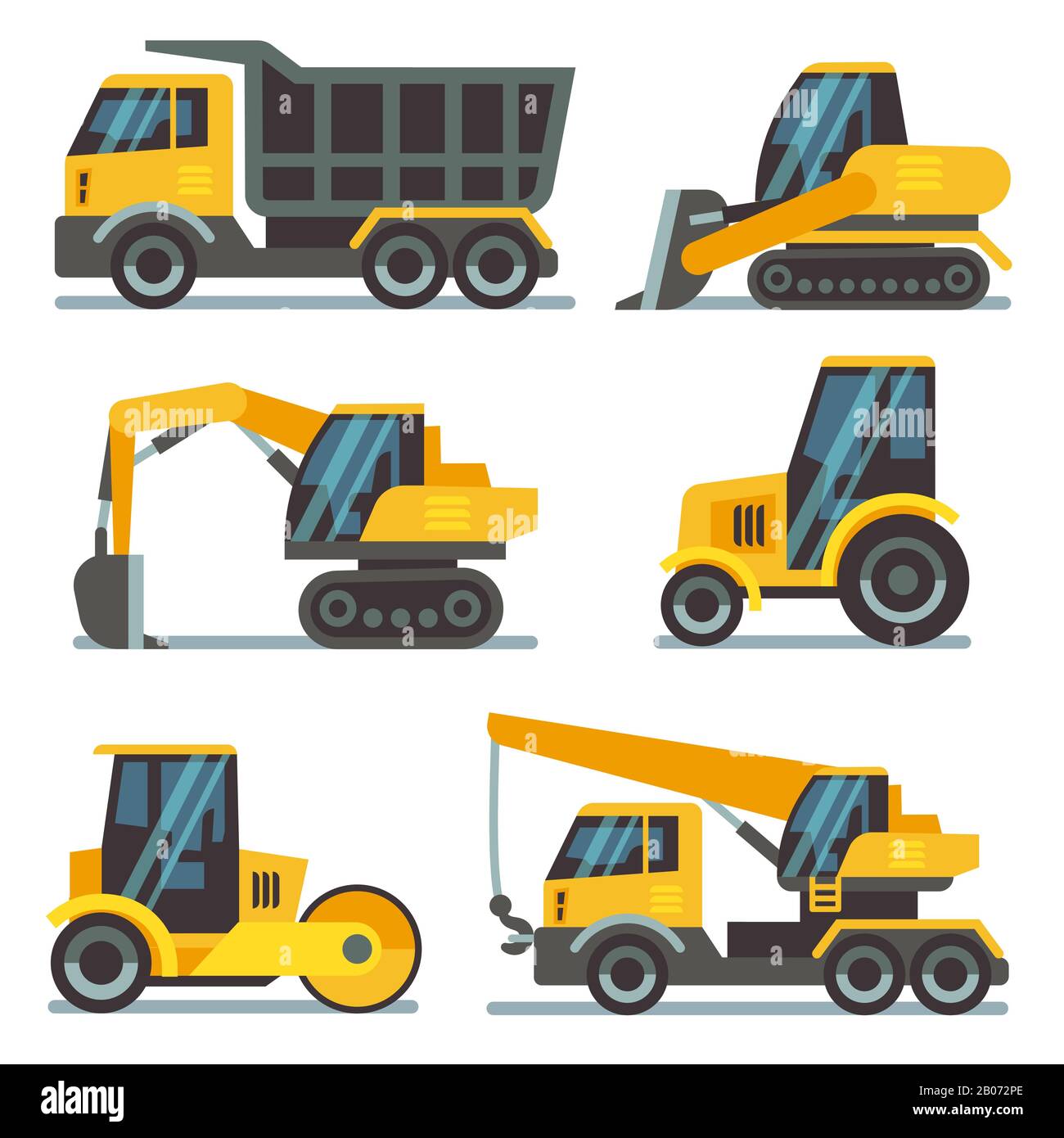 Macchine da costruzione, attrezzature pesanti, veicoli da costruzione icone vettoriali piatte. Illustrazione di escavatore e gru, scavatrice e caricatore Illustrazione Vettoriale