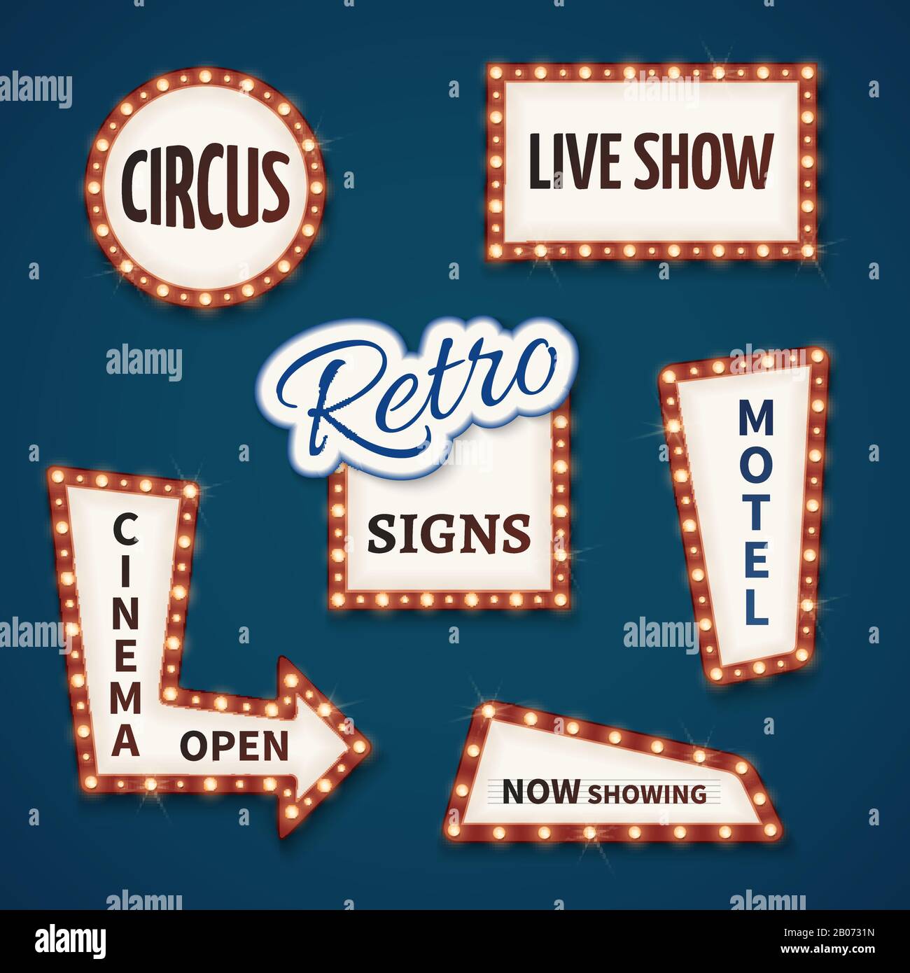 Lampade al neon retrò per il cinema e il casinò. Spettacolo dal vivo, aperto, circo, ora in mostra, banner motel. Illustrazione del vettore Illustrazione Vettoriale