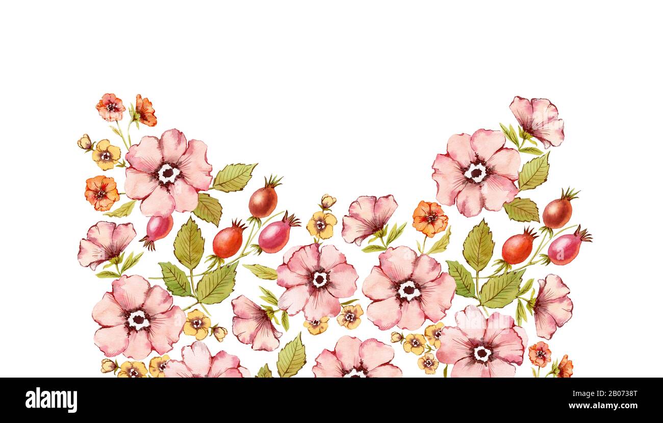 Acquerello sfondo floreale. Autunno fiori arco con frutti di rosa anca, briar, foglie isolato su bianco. Illustrazione botanica dipinta a mano in Foto Stock