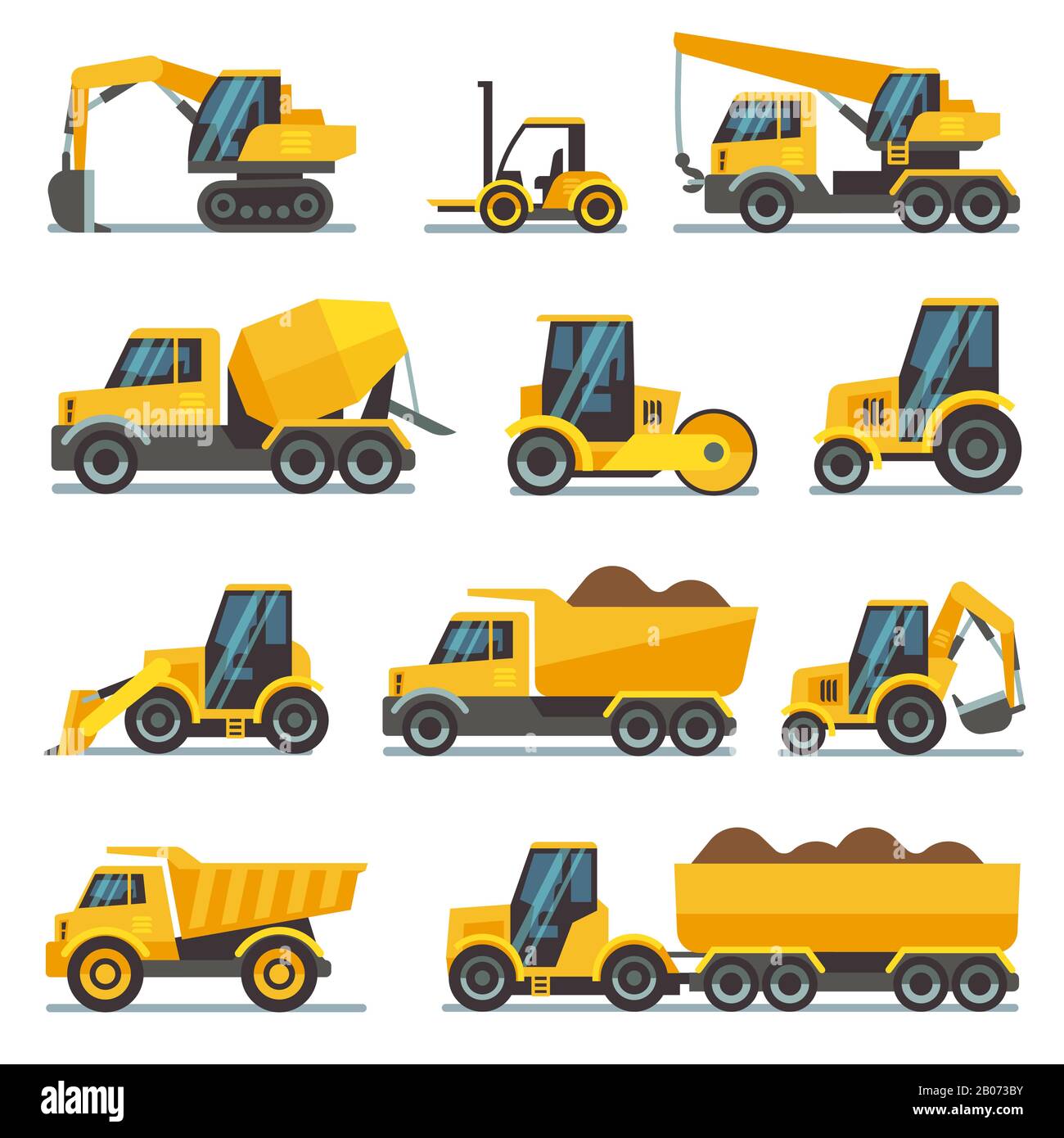 Attrezzature per l'edilizia industriale e macchinari icone vettoriali piatte escavatore e trattore, apripista e illustrazione della pala industriale Illustrazione Vettoriale